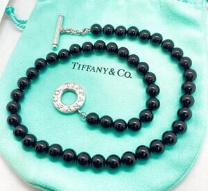 Tiffany & Co. 8mm Onyx Bead Ball Toggle Necklace Sterling Silver 17" w/ Pouch